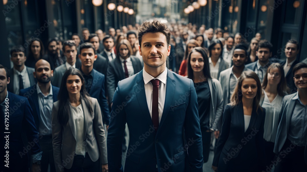 A confident businessman in a suit exudes strong leadership qualities, standing out as a leader with a powerful business person and an aura of authority. - obrazy, fototapety, plakaty 