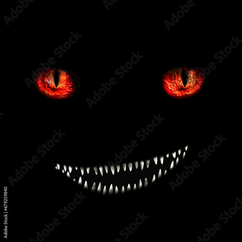 cheerful monster with red eyes and bared mouth