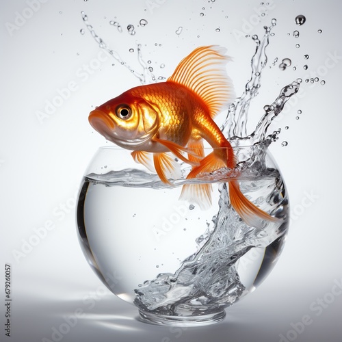 A picture of Goldfish in a bowl with water on white background. Studio shot. Generative AI