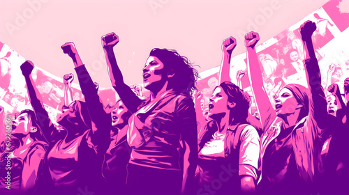 ilustracion representacion de lucha de las mujeres por el dia internacional de la mujer 8 de marzo, mujeres en colores morado con puños y pose de lucha