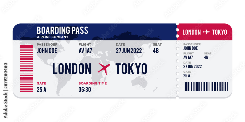 blue and red Airplane ticket design. Realistic illustration of airplane ticket boarding pass with passenger name and destination. Concept of travel, journey or business trip. Isolated on white. - obrazy, fototapety, plakaty 