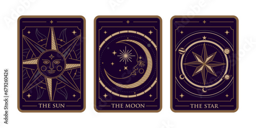 the sun, the moon and the star tarot card illustration vector. Vintage mystic sun, moon and star tarot card in ornamental line art style. Esoteric banner with astrology style.