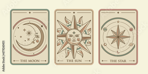 the sun, the moon and the star tarot card illustration vector. Vintage mystic sun, moon and star tarot card in ornamental line art style. Esoteric banner with astrology style.