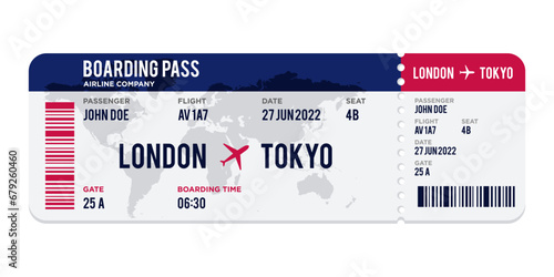 blue and red Airplane ticket design. Realistic illustration of airplane ticket boarding pass with passenger name and destination. Concept of travel, journey or business trip. Isolated on white. photo