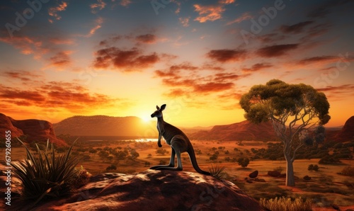 a australian kangaro in the outback of australia in sunset photo