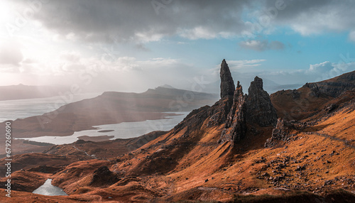 Beautiful View on Plain and Scotland Old man of Storr in Autumn and Lake in back Isle of Skye photo