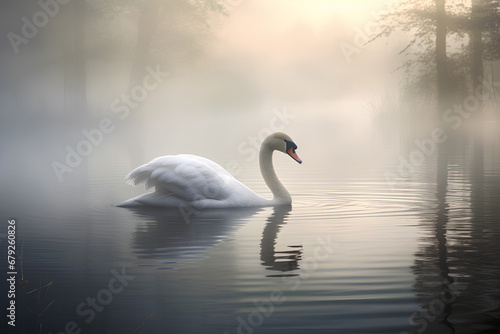 A Serene Swan Gliding Across a Misty Lake