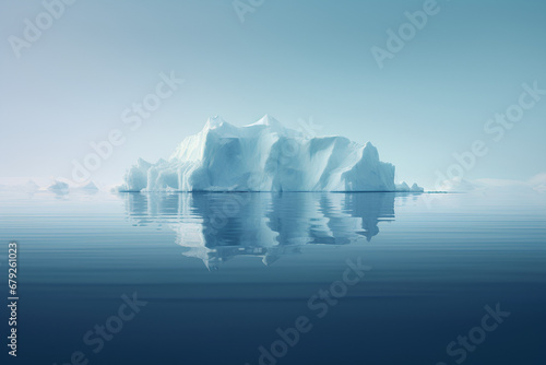 An iceberg floating in a reflective Arctic Ocean