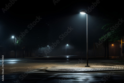 An isolated streetlamp at night with a halo of light photo