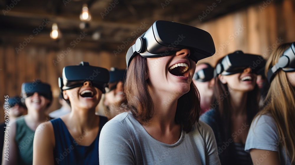 Young people playing video game in vr headsets together