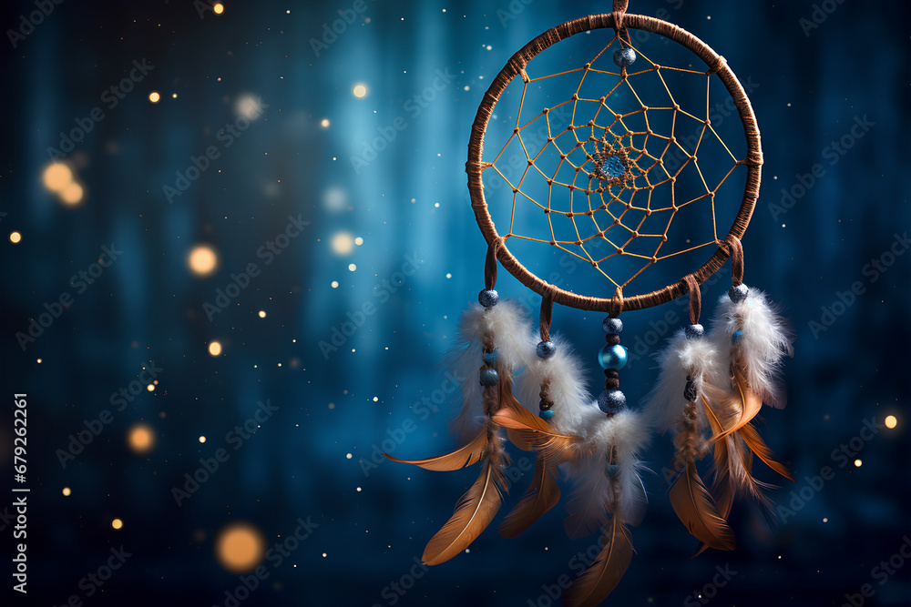 Dreamcatcher with Feathers Against a Starry Background - obrazy, fototapety, plakaty 