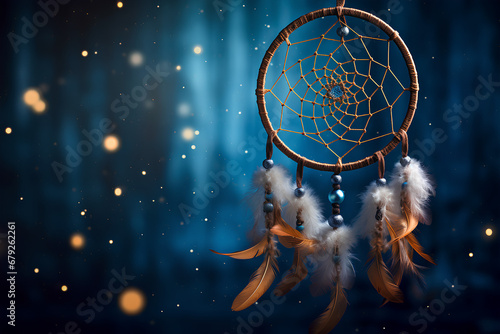 Dreamcatcher with Feathers Against a Starry Background photo