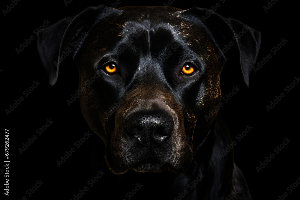 Close up of dog with black background and yellow eyes. Close up of dog with black background and yellow eyes.