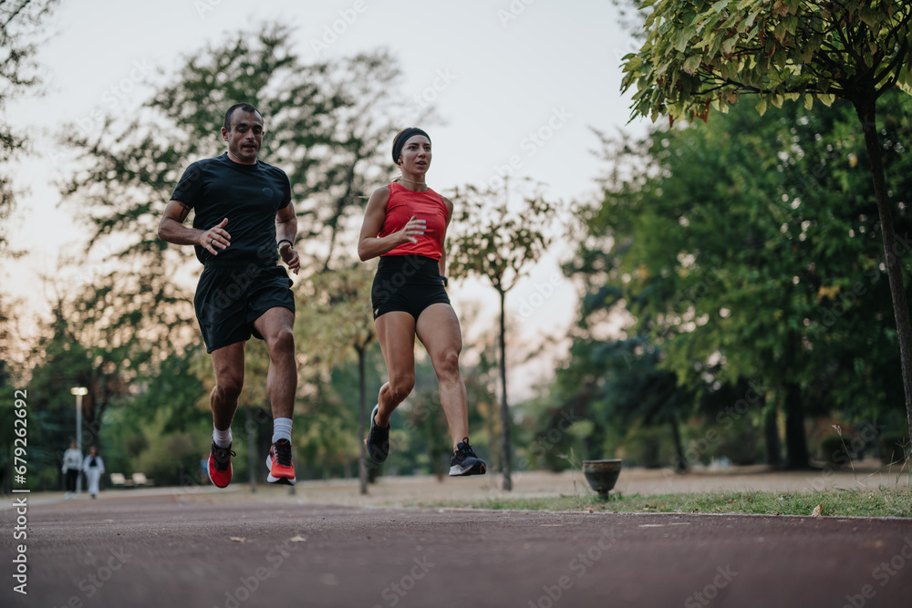 Fit couple jogging in a park, training outdoors late in the evening. Fit couple jogging in a park, training outdoors late in the evening.