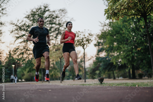 Fit couple jogging in a park, training outdoors late in the evening.