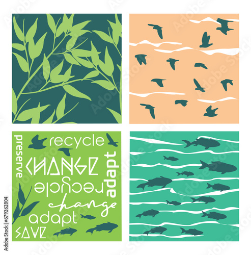 Vector colorful illustration of nature elements. Birds, fish and plants. Art with lettering alluding to ecology.