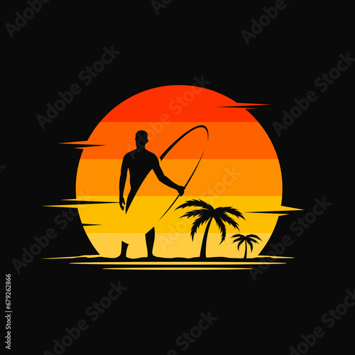 vintage retro classic silhouette landscape of surf surfing surfer surfboard beach sea ocean wave coconut palm tree paradise island on sunset background with stamp label badge emblem logo design idea