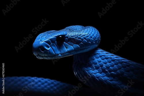 A baby Indonesian viper snake in close-up on an isolated black surface.