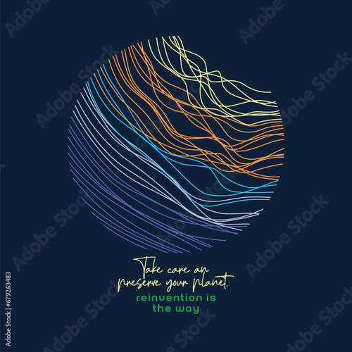Colorful vector illustration of random strokes forming a planet in graphic style with text alluding to preservation.