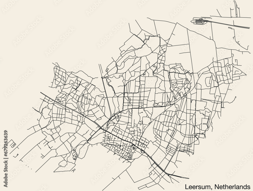 Detailed hand-drawn navigational urban street roads map of the Dutch city of LEERSUM, NETHERLANDS with solid road lines and name tag on vintage background