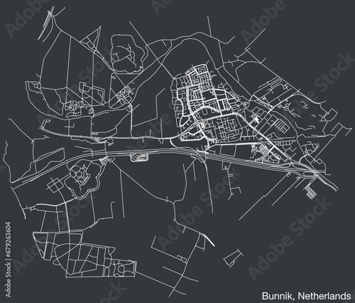 Detailed hand-drawn navigational urban street roads map of the Dutch city of BUNNIK, NETHERLANDS with solid road lines and name tag on vintage background