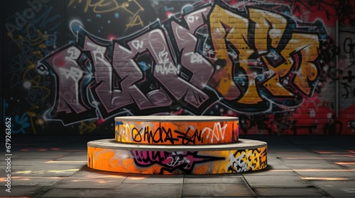 Urban-style cylinder product display  perfect for rendering products in an edgy environment featuring graffiti and street art elements  adding a touch of urban grunge.