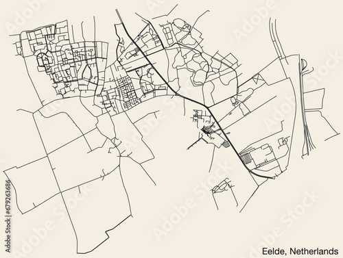 Detailed hand-drawn navigational urban street roads map of the Dutch city of EELDE, NETHERLANDS with solid road lines and name tag on vintage background