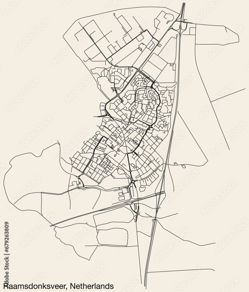 Detailed hand-drawn navigational urban street roads map of the Dutch city of RAAMSDONKSVEER, NETHERLANDS with solid road lines and name tag on vintage background