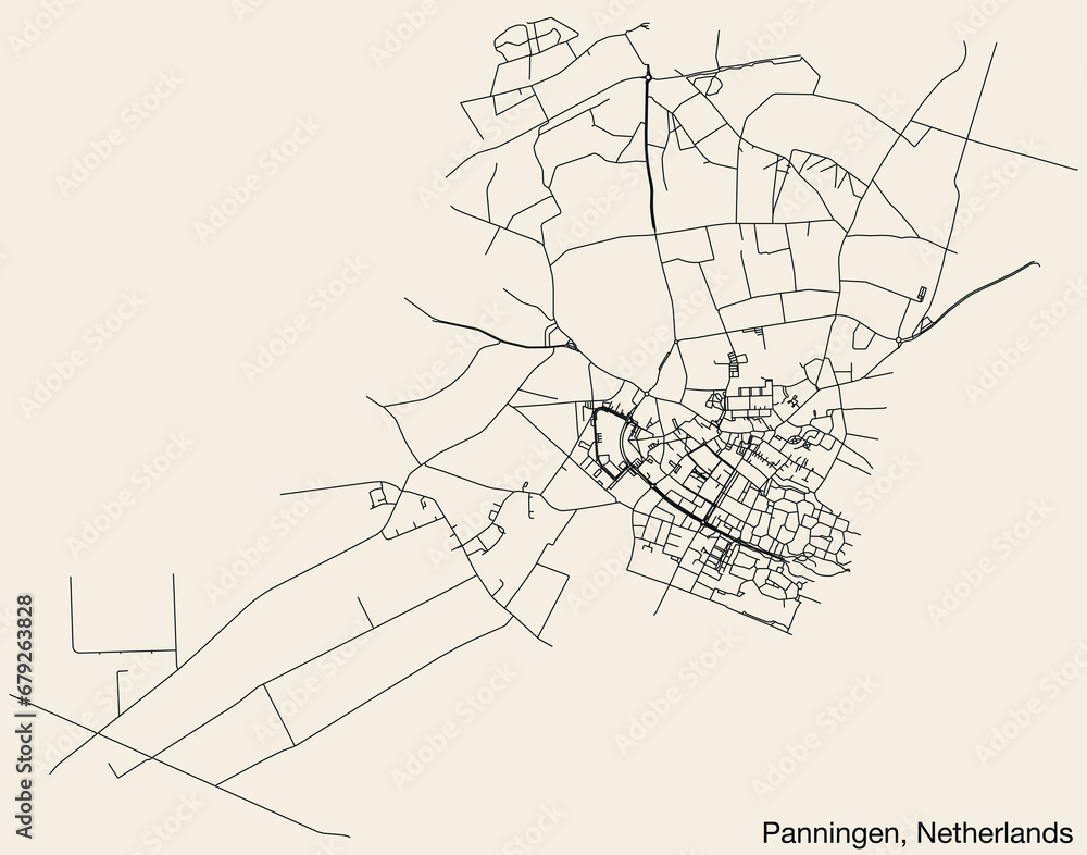 Detailed hand-drawn navigational urban street roads map of the Dutch city of PANNINGEN, NETHERLANDS with solid road lines and name tag on vintage background