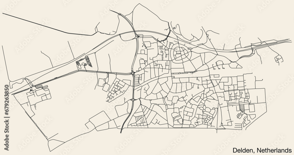 Detailed hand-drawn navigational urban street roads map of the Dutch city of DELDEN, NETHERLANDS with solid road lines and name tag on vintage background