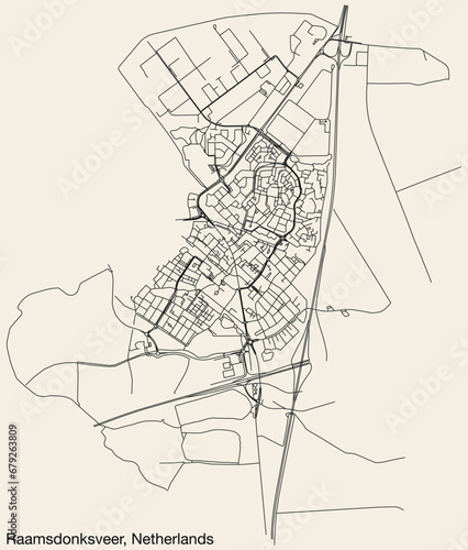 Detailed hand-drawn navigational urban street roads map of the Dutch city of RAAMSDONKSVEER  NETHERLANDS with solid road lines and name tag on vintage background