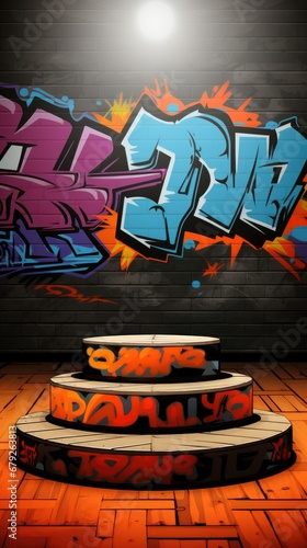 Urban-style cylinder product display  perfect for rendering products in an edgy environment featuring graffiti and street art elements  adding a touch of urban grunge.
