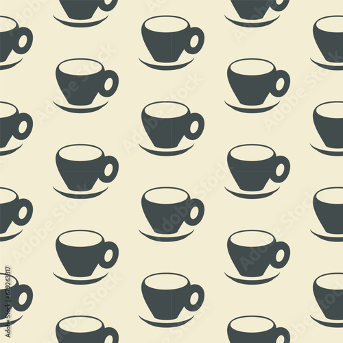 Coffee cup abstract seamless pattern. Stylish diagonal geometrical grid. Black and white vintage colours palette  monochrome surface background. Vector illustration