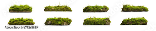set of realistic nature mossy rocks. stones with moss. isolated on transparent, PNG or white background. collection of overgrown stones for natural garden yard decoration.