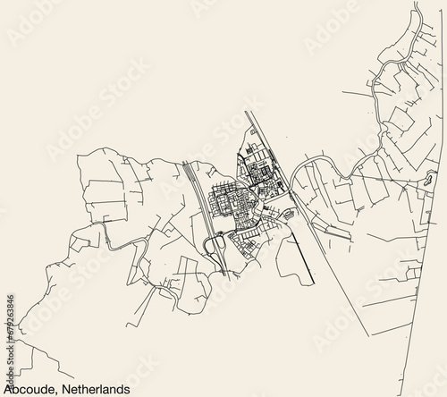 Detailed hand-drawn navigational urban street roads map of the Dutch city of ABCOUDE, NETHERLANDS with solid road lines and name tag on vintage background