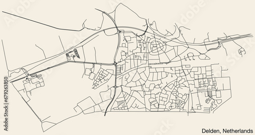 Detailed hand-drawn navigational urban street roads map of the Dutch city of DELDEN, NETHERLANDS with solid road lines and name tag on vintage background