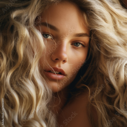 Portrait of a beautiful girl with flying blond hair