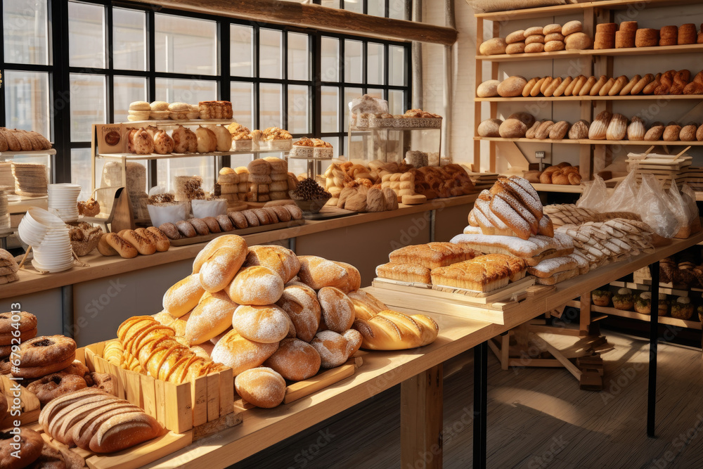 Delicious pastries and breads placed on shelf at bakery shop, various of bread for selling in shop.