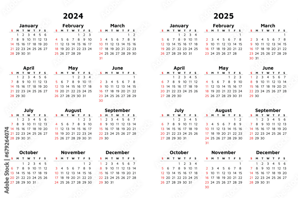Vector 2024 and 2025 vertical calendar. Modern illustration Vector 2024 and 2025 vertical calendar. Modern illustration
