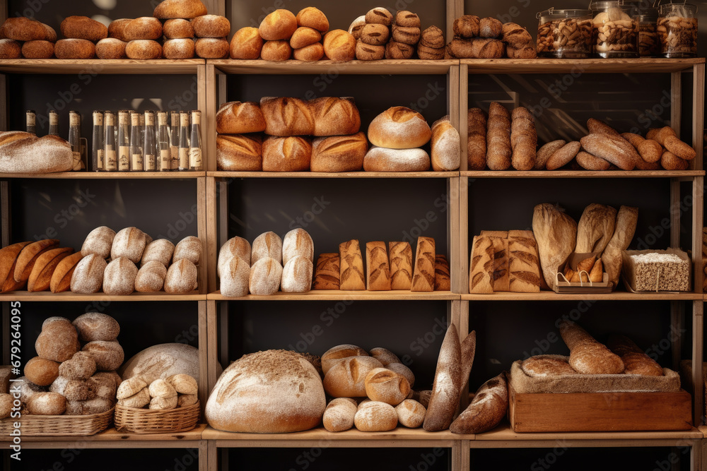 Delicious pastries and breads placed on shelf at bakery shop, various of bread for selling in shop.