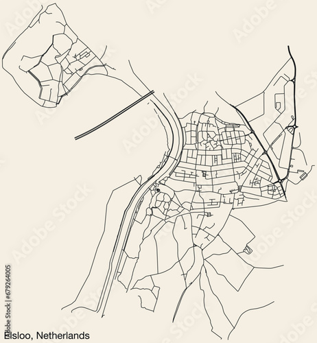 Detailed hand-drawn navigational urban street roads map of the Dutch city of ELSLOO, NETHERLANDS with solid road lines and name tag on vintage background