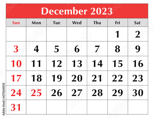December 2023 calendar. Vector illustration. Monthly planning for your business