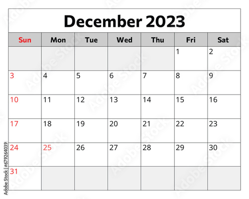 December 2023 calendar. Vector illustration. Monthly planning for your business