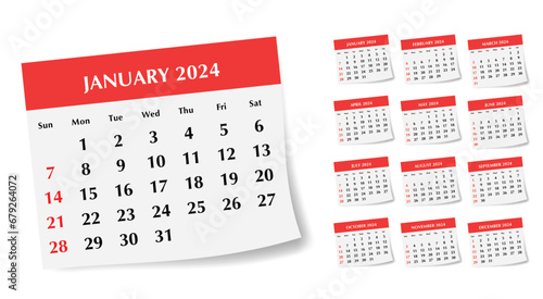 Modern collection of monthly calendars for 2024 year. Vector set with stylish design