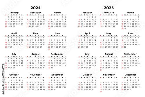 Vector 2024 and 2025 vertical calendar. Modern illustration