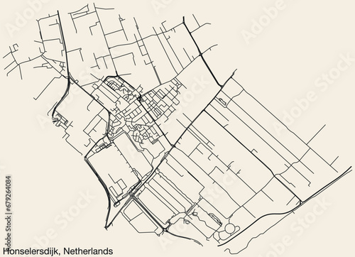 Detailed hand-drawn navigational urban street roads map of the Dutch city of HONSELERSDIJK, NETHERLANDS with solid road lines and name tag on vintage background