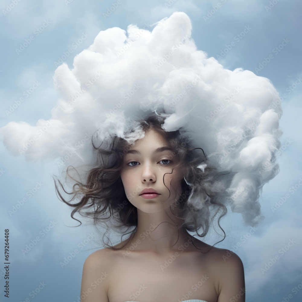 Girl's head covered with cloud portrait art image