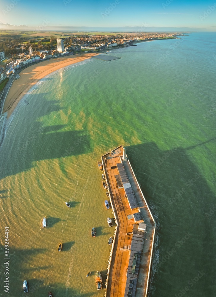 Aerial view of Margate Beach and Harbour Arm on a sunny day. Kent, England