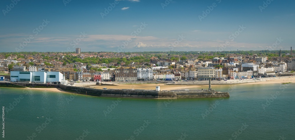 Aerial view of Margate Beach and Harbour Arm with the backdrop of the cityscape. Kent, England