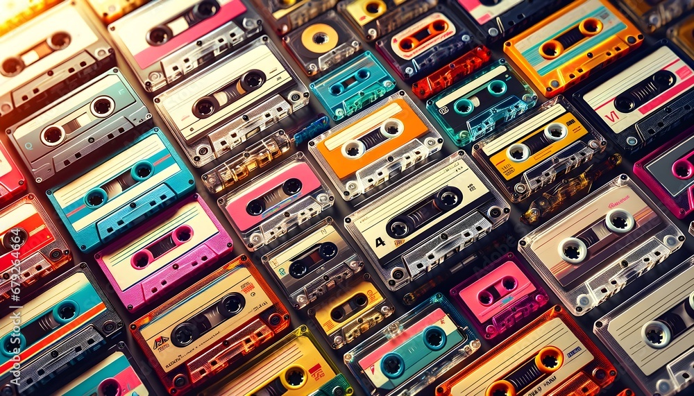 Retro cassette tape flat lay  - obrazy, fototapety, plakaty 